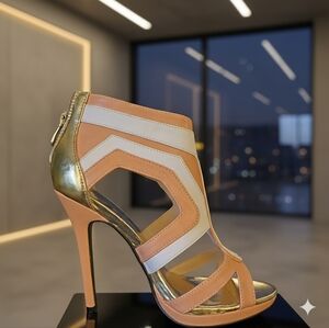 Elise By Athena Coral & Gold Geometric Cutout High Heel